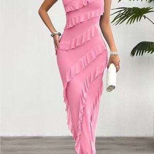 Pink Ruffle Maxi Dress - Elegant One-Shoulder Evening Dress